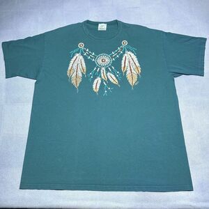 Vintage 1990s‎ Native American Dream Catcher Teal Green T-Shirt Size XL